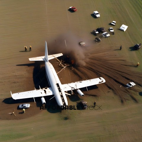 A plane crashed in a field with fire and smoke
