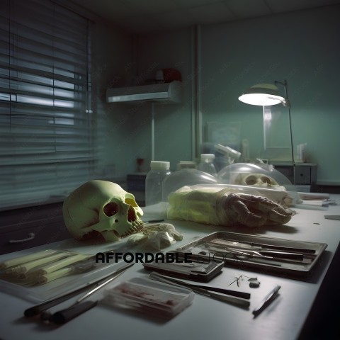 A table with a skull and other medical supplies