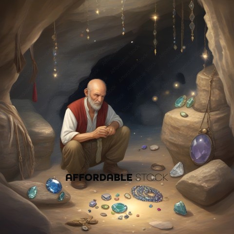 An old man sitting on the ground surrounded by crystals
