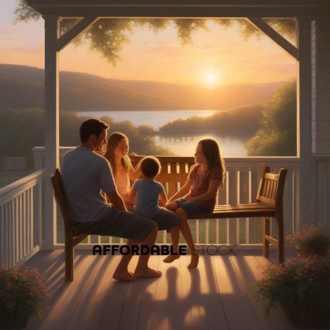 A family of four sitting on a porch at sunset