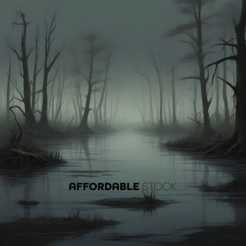 A dark and eerie scene of a river with trees in the background
