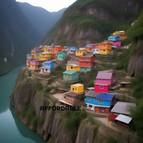 Colorful houses on a cliff overlooking a river