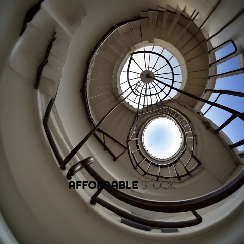 A spiral staircase with a round window in the middle