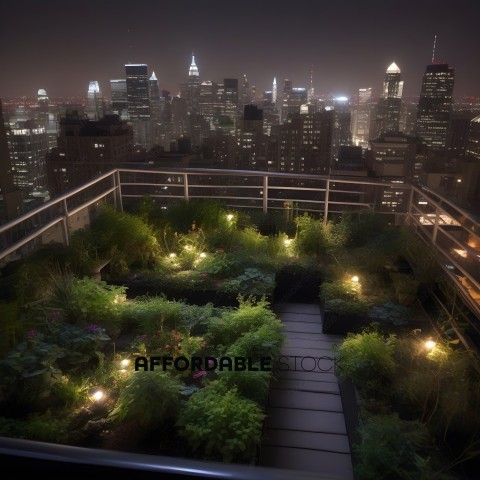 A rooftop garden with a view of the city at night
