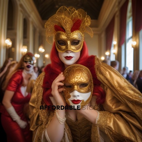 A woman wearing a gold mask and holding a gold mask