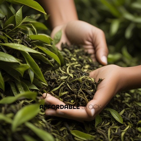 A person's hands are holding a bunch of green leaves