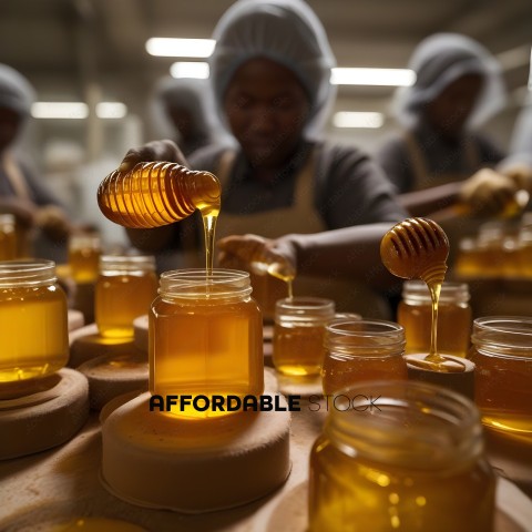 A group of people are making honey