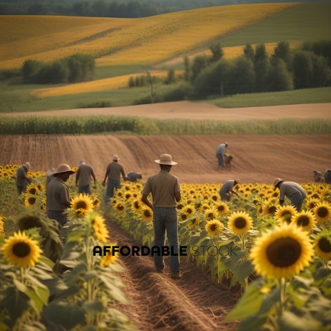 Farmers working in a field of sunflowers