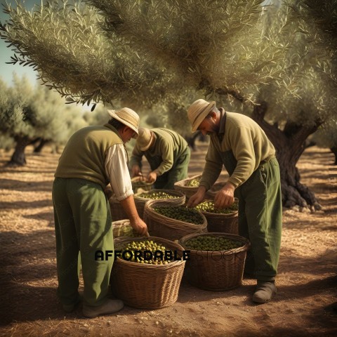 Three men working in a field with trees in the background