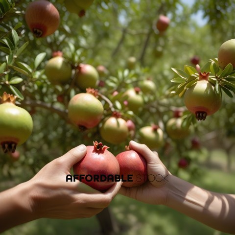 Two hands hold fruit in a tree