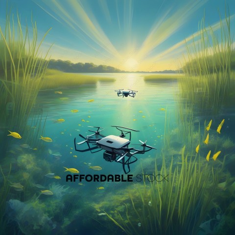 A drone flying over a body of water with another drone in the background