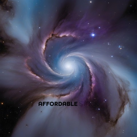 A purple and blue spiral galaxy with a star in the center