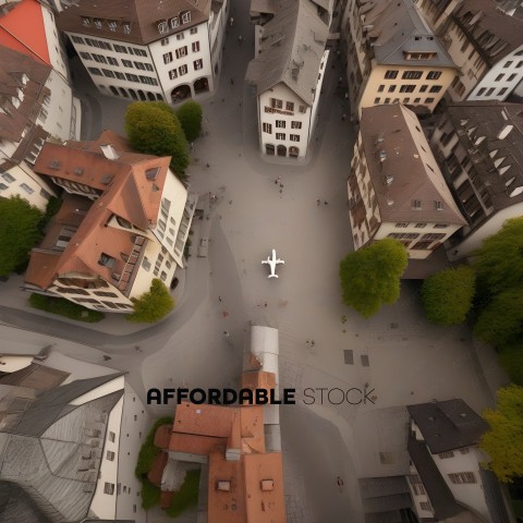 A cityscape with a plane flying over the rooftops