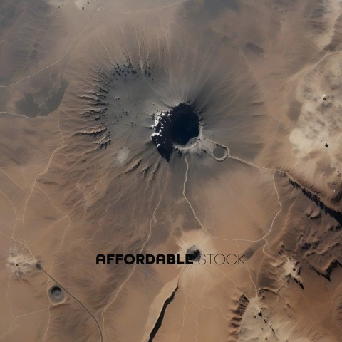 A large hole in the ground with a volcano in the background