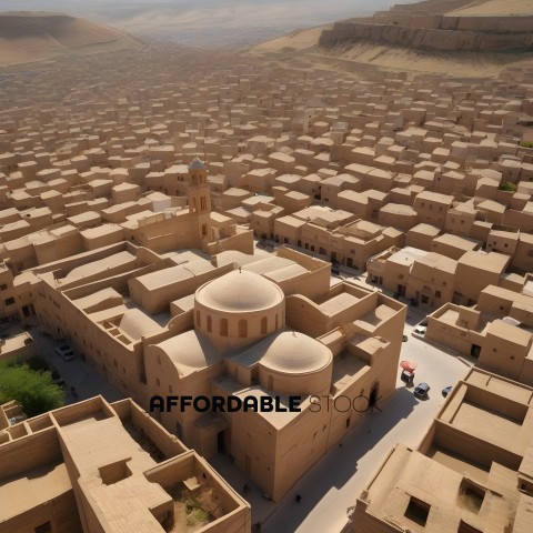 An aerial view of a desert city with a large building in the center