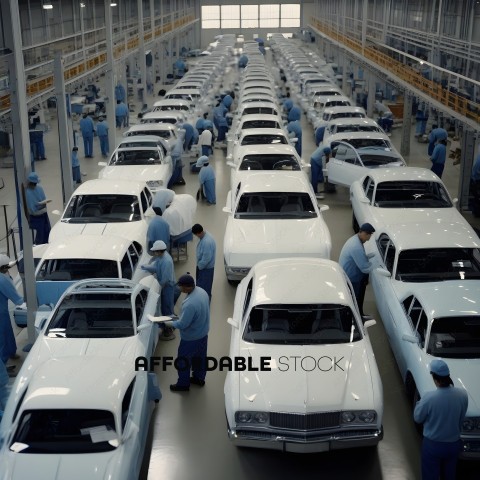 Workers in a factory assembling cars
