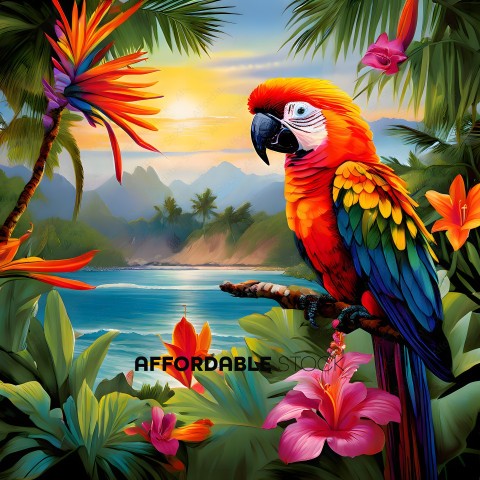 A vibrant painting of a parrot perched on a branch