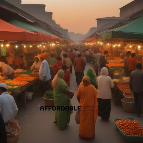 A crowded market with people shopping for fruit