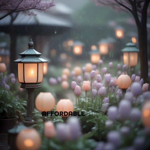 A garden with purple flowers and lights