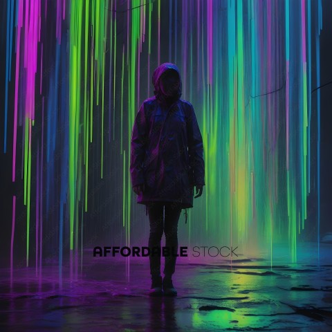 A person in a hooded jacket standing in a neon lit room