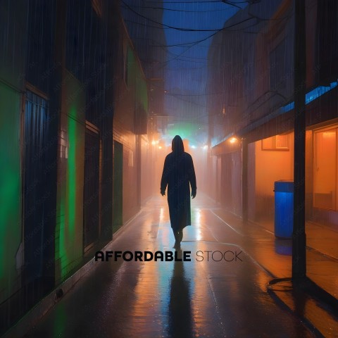 A person in a long coat walks down a rain soaked alley