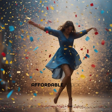 A woman in a blue dress dancing in a room full of confetti