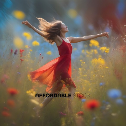 A woman in a red dress dances in a field of flowers