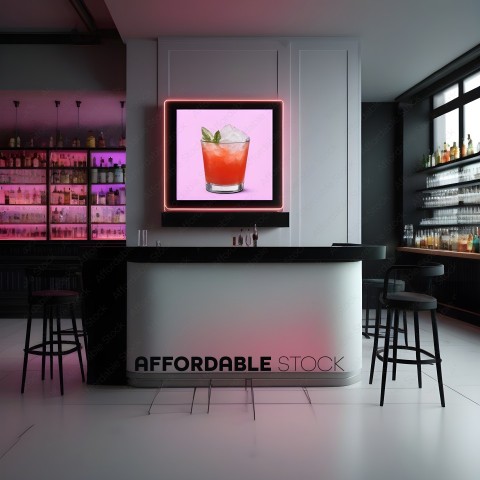 A bar with a neon sign of a drink on the wall