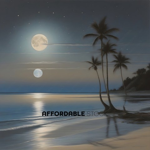 A painting of a beach at night with a full moon and two planets