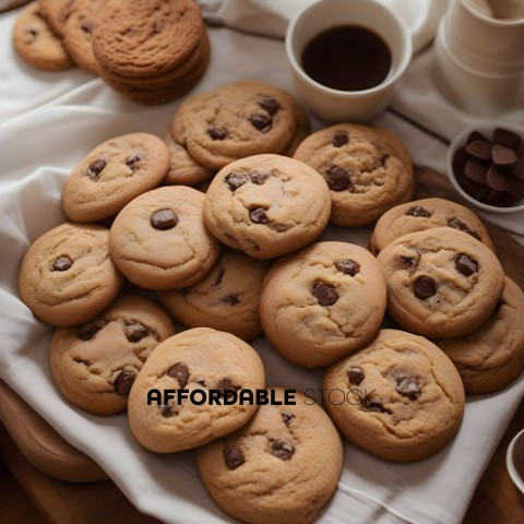 Chocolate chip cookies on a white cloth