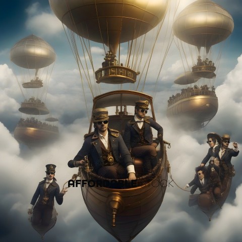 Men in suits and hats ride in a hot air balloon