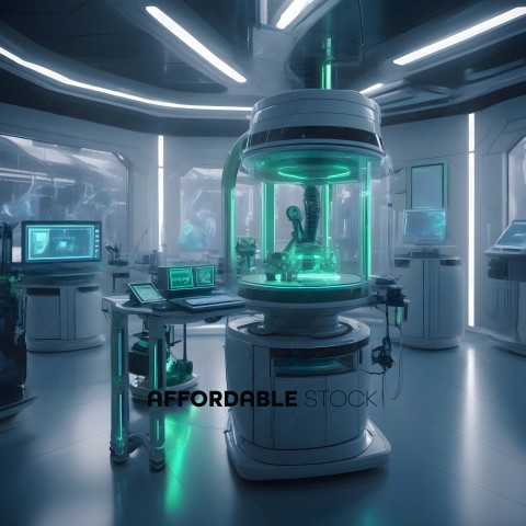 A futuristic lab with a large machine and screens