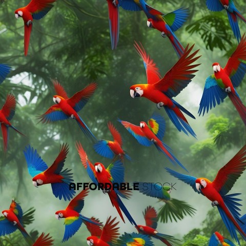 A Flock of Parrots Flying in the Air