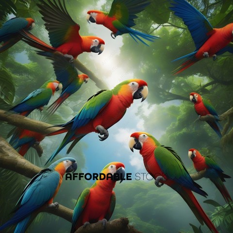 Parrots in a jungle with a blue sky
