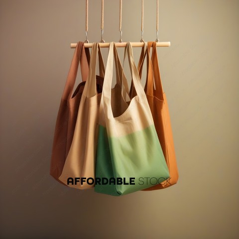 Three bags hanging on a wooden rack