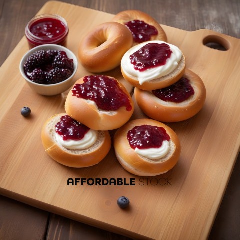 A wooden cutting board with 6 mini donuts and 3 small bowls of jam
