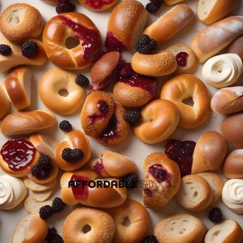 A variety of bagels with fruit and cream