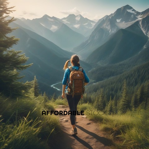 A woman hiking in the mountains with a backpack