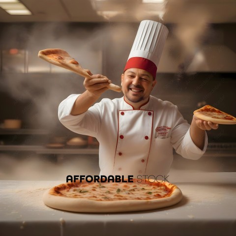 A chef in a white uniform holding a pizza