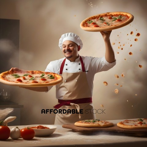 A chef holding two pizzas with a cloud of cheese in the background