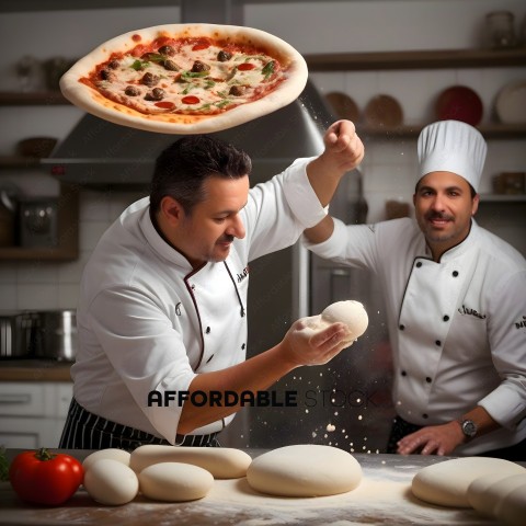 Two chefs tossing dough to make pizza crust