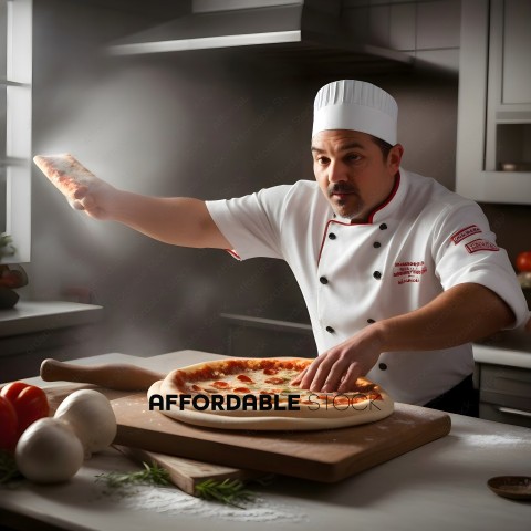 A chef in a white uniform is making a pizza