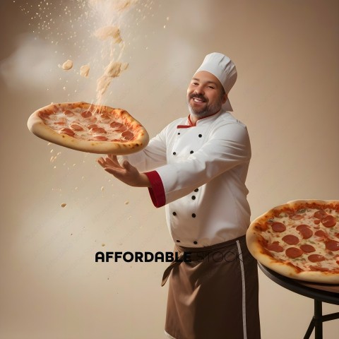 A chef holding two pizzas with flour flying everywhere