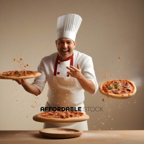 A chef is smiling while holding up two pizzas