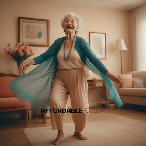 An elderly woman wearing a blue sweater and tan pants dances in her living room