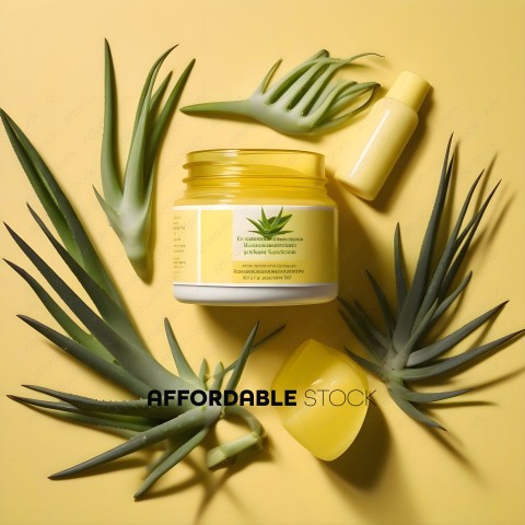 A yellow jar of body lotion with a cactus on the label