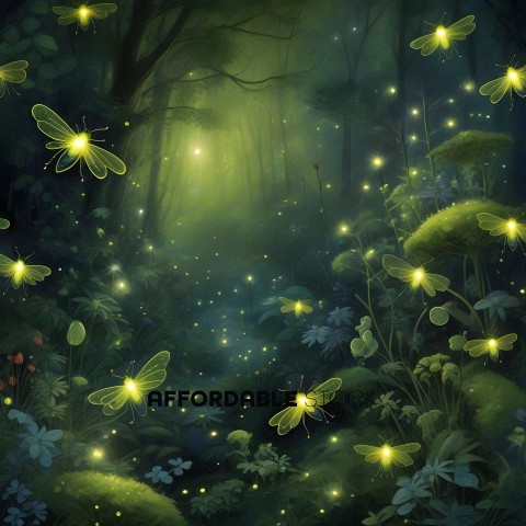 A forest with a lot of light and a lot of butterflies