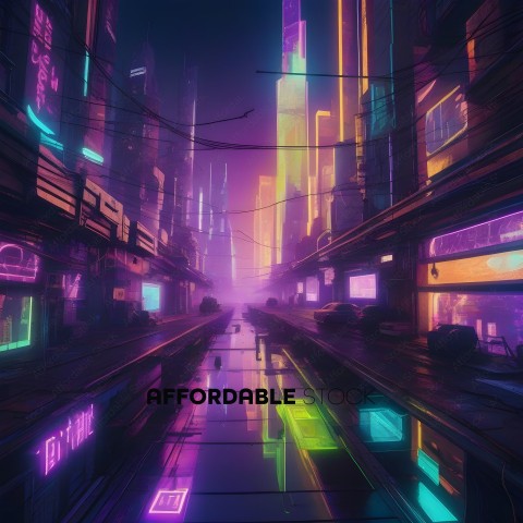 A futuristic cityscape with neon lights and a long road