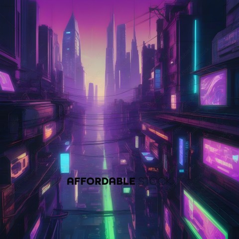 A futuristic cityscape with neon lights and skyscrapers