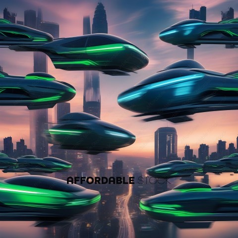 Futuristic Cityscape with Green and Blue Vehicles